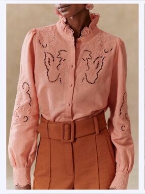 *New* Sezane Peach Blush Embroidered Linen Blend Blouse, Size 44/US 12